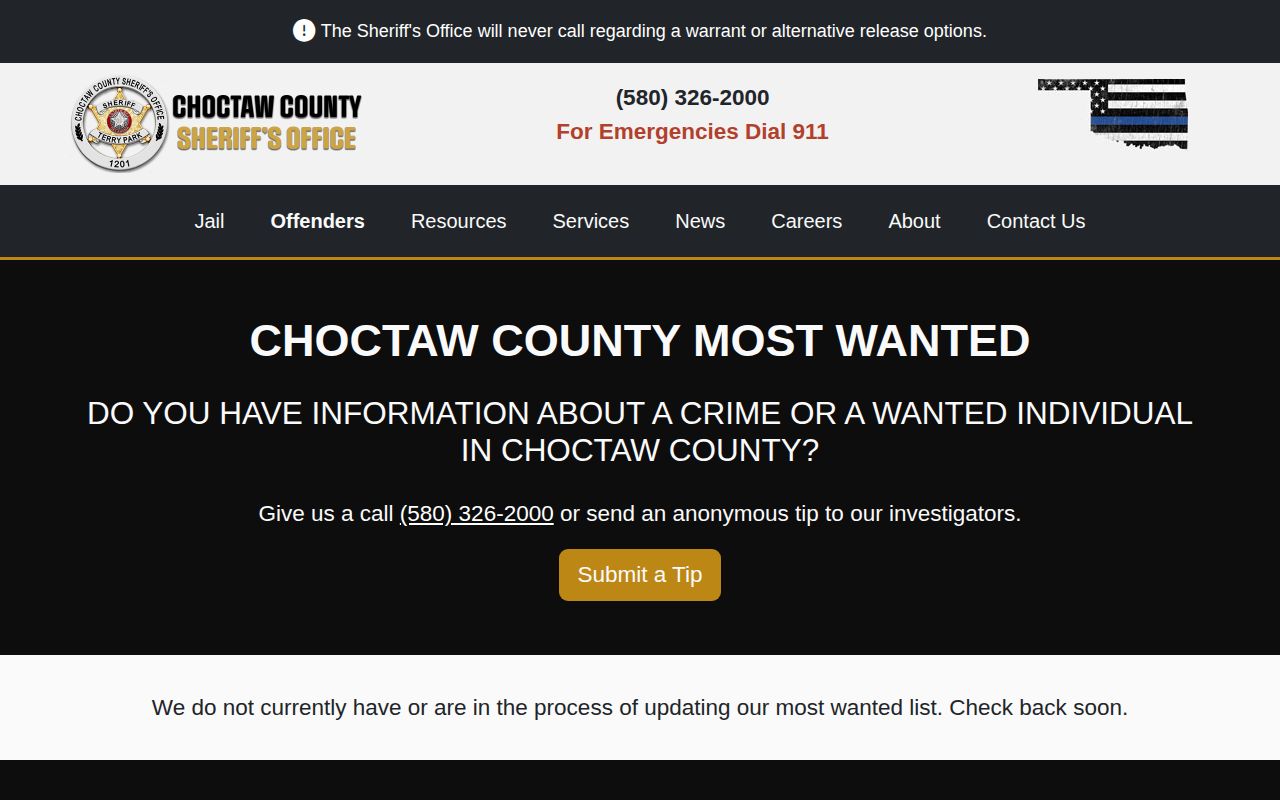 Choctaw County Sheriff's Office official most wanted status page